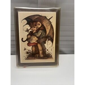 HUMMEL WOOD WALL ART PLAQUE PICTURE RAINY DAY KID BABIES UMBRELLA VINTAGE GOEBEL